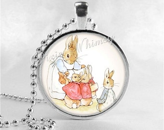 RABBIT Pendant Necklace, Rabbit Family Jewelry, Rabbit Illustration Glass Photo Art, Mother's Day Gift