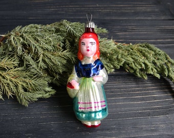 Little Red Riding Hood on pin Green Christmas Glass Ornament Christmas Figurine Antique ornament 1950s Christmas decoration Girl ornament