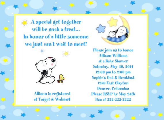 Baby Snoopy Moon And Stars Baby Shower Invitations