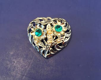 Heart Brooch Pin ~ Silver and Green ~ Faux Pearls ~ Shabby Chic ~Vintage