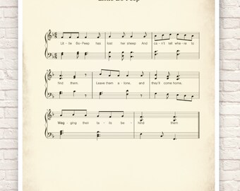 Little Bo Peep, Nursery Rhyme, Sheet Music Art Print, Little Bo Peep Sheet Music Wall Art, Children's Sheet Music, Children's Songs.