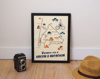 Affiche rétro Arcachon, mer, France, cadeau, fêtes des pères, A3, Illustration poster style vintage, Atelier VUDO, vudo, bleu, Bordeaux