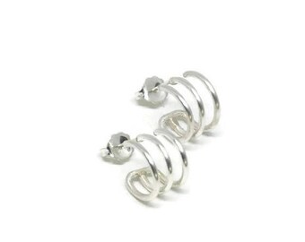 Silver Huggie Earrings, Triple Hoops, Small Wrap Ear Cuff Post Hoop Earrings, Artisan Handmade by Sheri Beryl