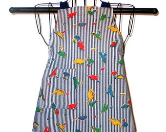 Childs Apron Ages 1-3 Dinosaurs on Striped Denim Reversible Adjustable Kids