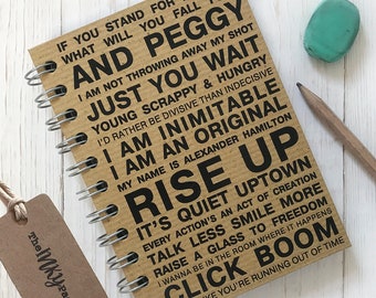 Hamilton Notebook / Journal . A6 or A5 . Blank, Lined or Bullet Pages . Wire bound . Hardcover . Hamilton Musical Quotes