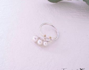 Triple Akoya Pearl open ring, Sterling silver, Free Size, open silver ring