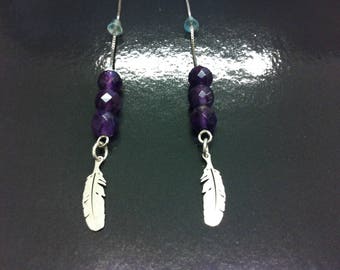 Amethyst chain earrings and 925 sterling silver feather