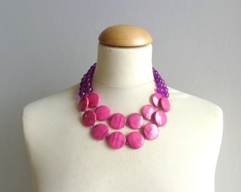 Pink statement necklace double strand purple pink jewelry