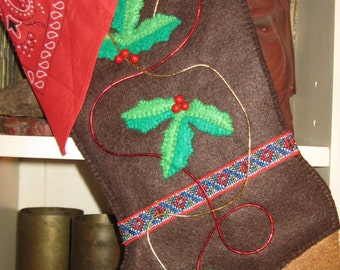Handmade brown felt cowboy boot, Christmas stocking