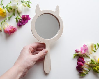 Gift for men Devil gift idea Devil mirror Wooden hand mirror Safety mirror