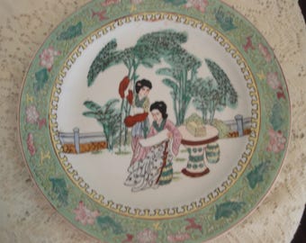 Asian Display Plate, large 10 1/2" plate with Raised finish two Asian Woman,Geisha girls in Greens and Pinks, Collectible Asian China Plate