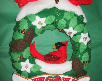 Bucilla felt kit Christmas Wreath Completed Done red bird wreath