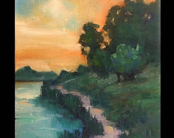 Original Mini Oil Marsh Landscape, River, Landscape, Clouds, Small Painting, beach, sunset, marsh, summer
