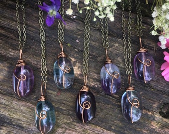 fluorite necklace, fluorite necklace, crystal necklace, purple stone, wire wrapped, crystal , rainbow fluorite