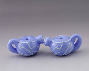 Handmade SRA Lampwork Bead Pair Periwinkle Purple Beads Teapot Beads White Linework Bead Pair Tea Beads Heather Behrendt 4276