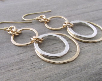Mixed Metal Earrings Gold And Silver Dangle Earrings Silver Gold Earrings Hammered Circle Earrings Gold Circle Earrings Mixed Metal Jewelry