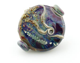 Lampwork Glass Bead Lentil Focal Blue Purple Silver 'Cosmic'