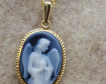 Carved Natural Blue and White Banded Agate Cameo Necklace