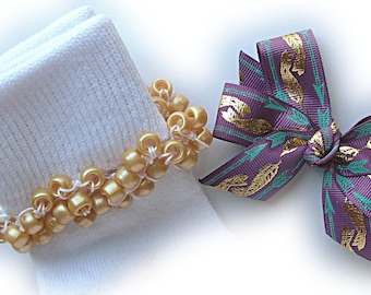 Kathy's Beaded Socks - Turquoise and Gold Feathers Socks and Hairbow, holiday socks, pony bead socks, gold socks, pearl socks, feather socks