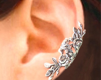 Garden Rose ear cuff Sterling Silver earrings Rose jewelry Rose earrings Sterling silver ear cuff non pierced earcuff ear clip LEFT 104 DD