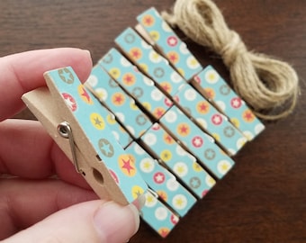 Baby Shower Clothesline Gift - Sporty All Stars Blue Chunky Little Clothespin Clips w Twine for Display - Set of 12 - Boy Baby Birthday