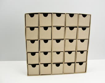 Advent calendar, mini parts bin, paper mache drawer set