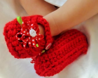 Mary Jane Baby Booties with red flower, 3 to 6 months