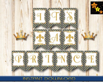 Banner for Baby Shower, It's a Prince, Navy Blue and Gold, 5" x 7.5" each, Instant Download, Printable, DIY, PDF