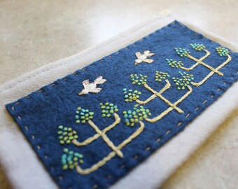 Hand Embroidered Folk Art Wristlet-Birds of a Feather-Made with Pendleton Wool-Cell Phone-Money Holder
