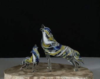 Handblown Glass Wolf & Baby Sculpture