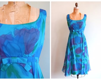 Vintage 1960's Blue Floral Silk Chiffon Party Dress | Size Medium