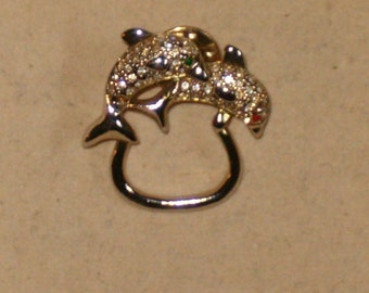 Vintage Signed P835 Silver Tone And Rhinestone Double Dolphin Jumping Over A Hoop Pin/Brooch