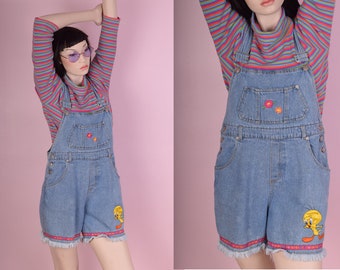 90s Tweety Bird Denim Overalls/ Small/ 1990s/ Jean/ Shorts/ Shoteralls/ Looney Tunes/ Floral