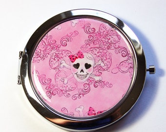 Sugar Skull Mirror, compact mirror, Sugar Skulls, mirror, purse mirror, Pocket mirror, Pink Mirror, Pink Skull (2911)