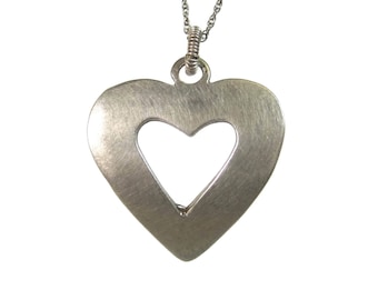 Vintage Brushed Sterling Heart Pendant Necklace