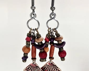 Etched Brass Earrings, Multi Strand Earrings with Wooden Beads - Free Domestic Shipping