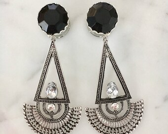 Black Rhinestone Egyptian Boho Dangle Plug 8g 6g 4g 2g 0g 00g 7/16 1/2 9/16 5/8 3/4 7/8 25mm