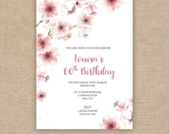 60th Birthday Invitation, Pink Flowers Blossom, Watercolour Floral, 70th, 80th, 90th, 100th Printable Digital file
