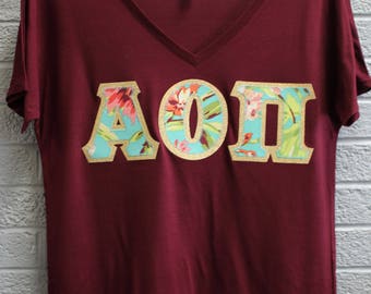 Alpha Omicron Pi Maroon Bella Flowy V-Neck With Amy Butler Bliss Bouquet on Gold Metallic (254C)
