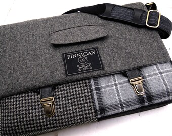 Mens 15" laptop Messenger Bag , 15" Macbook Pro Laptop Sleeve, tote bag, Black Gray Plaid Wool, Recycled suit coat