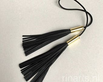 Tassel bag charm / DUO tassel bag charm in black full grain leather with brass bullet shell top. Bullet shell tassel purse charm