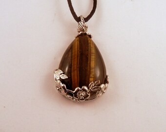 tigers eye Rose tear drop Necklace: Natural Crystal Pendant, Stone Jewelry