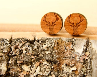 Deer Studs, Laser Cut Wood Earrings