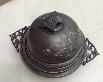 Antique English triple plated butter dish with butterfly!!