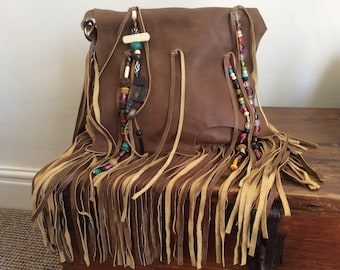 Leather Beaded Fringe Bag, Leather Bag, Brown Leather Tassel Bag, Boho Bag, Fringe Handbag, Leather Shoulder or Cross Body Bag