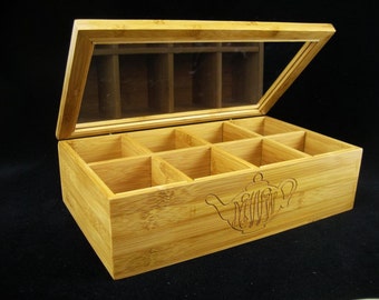 Engraved Tea Box - Personalized Engraved Bamboo Tea Box - Monogram Tea Box - Wood Tea Box- Tea Chest With Name - Tea Storage- Tea Lover Gift