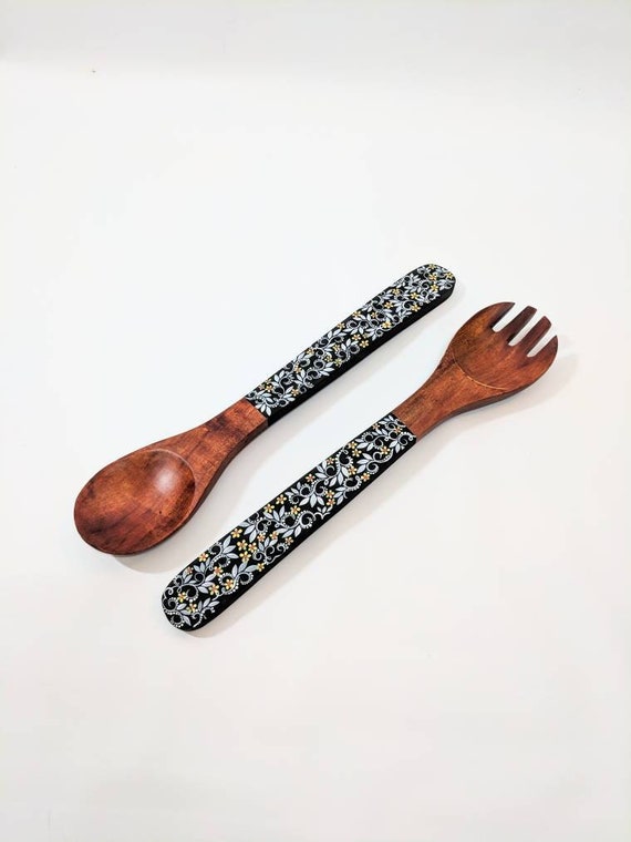 Hand Painted Wooden Serving set: flowers and vines Wooden serving set wooden spoon and fork Salad servers