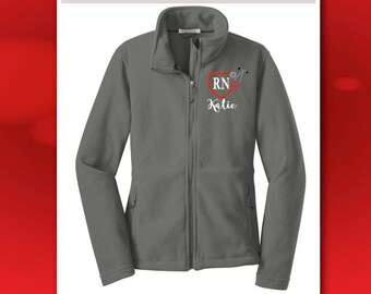 Nurse Jacket, Ladies Monogrammed Fleece Jacket, Embroidered Stethoscope, Full Zip Fleece Jacket Personalized, Heart Stethoscope Monogram