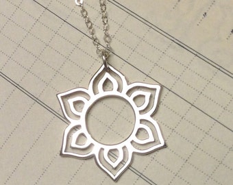 Mehndi inspired lotus sterling silver pendant charm necklace sunburst jewelry