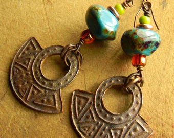 Artisan Earrings, Copper Metal Clay, Blue, Green, Lampwork Glass,